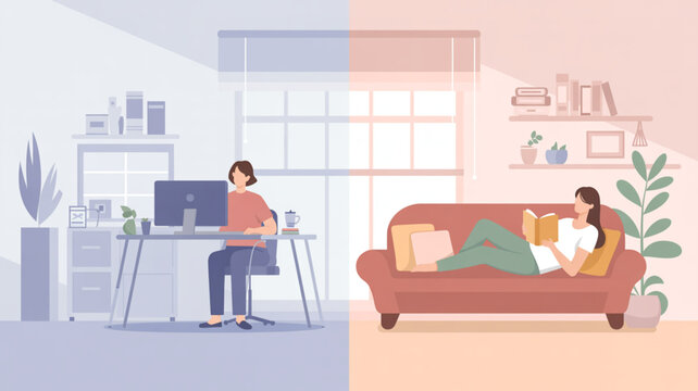 Remote work, home office, people illustration, vector, lifestyle split concept