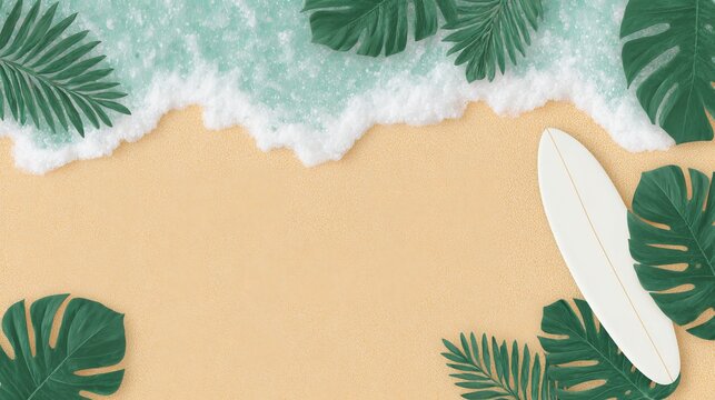 A top-down digital composition of a sandy beach bordered by turquoise ocean waves and white foam, framed by tropical monstera and palm leaves with a white surfboard.