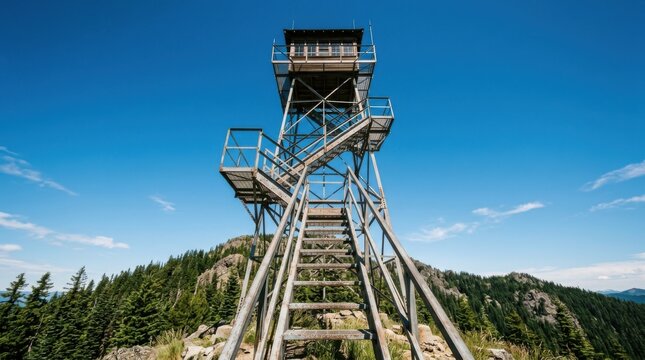 Towering Fire Lookout Structure Perched Atop Mountain Under Blue Sky.
