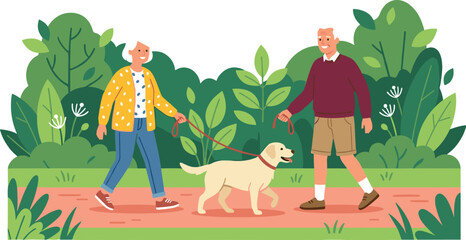 Fototapeta premium Flat Style Happy Senior Elderly Couple Walking Dog Together in Green Park Vector Illustration for Lifestyle Health Design