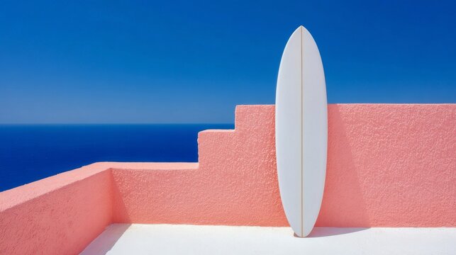 A minimalist white surfboard leans against a textured pink wall on a sunlit terrace, overlooking a deep blue ocean and clear sky in a vibrant, high-contrast Mediterranean setting.