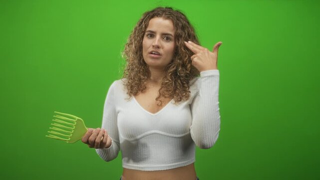 Woman with curly hair holding a green wide tooth hair pick points finger to temple while gesturing and speaking in a studio setting; thoughtful.