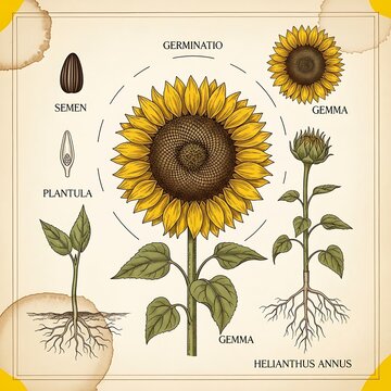 Botanical illustration of a sunflower?s life cycle, from seed to blooming flower, showcasing its roots and internal structure
