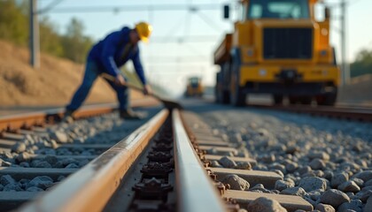 Fototapeta premium Construction worker with shovel repairs railway. Yellow heavy machine trucks work on track construction site. Men build new train lines outdoors.
