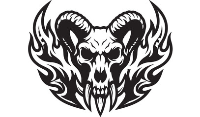 Fototapeta premium Skull head with flaming horns and sharp teeth tattoo style emblem for biker and rock designs featuring gothic art, horror, death symbol with fiery