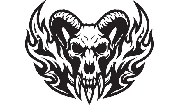 Skull head with flaming horns and sharp teeth tattoo style emblem for biker and rock designs featuring gothic art, horror, death symbol with fiery