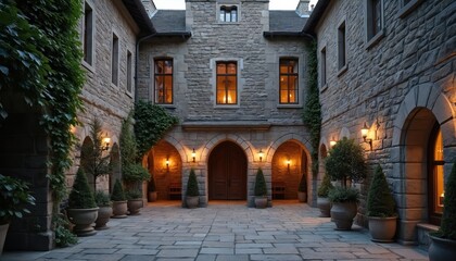 Naklejka premium Stone castle courtyard with warm lights at twilight. Arched walkways and potted plants create a romantic atmosphere for outdoor events. A majestic historic venue.