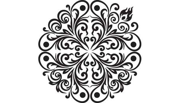 Ornamental floral medallion tattoo design with black swirl curls and decorative symmetrical flourishes