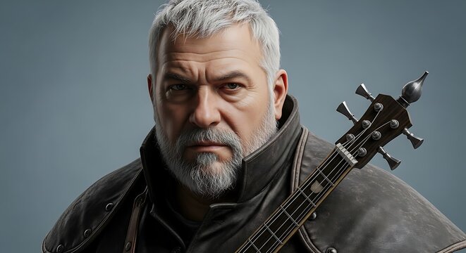 A stern-faced man with silver hair and a beard, clad in leather, holds a stringed instrument with a somber gaze. Blue background