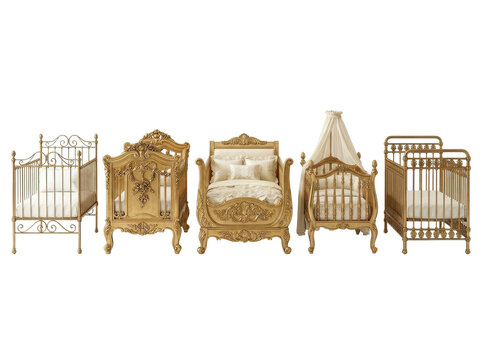 Row of antique baby furniture including cribs and a rocking chair on white
