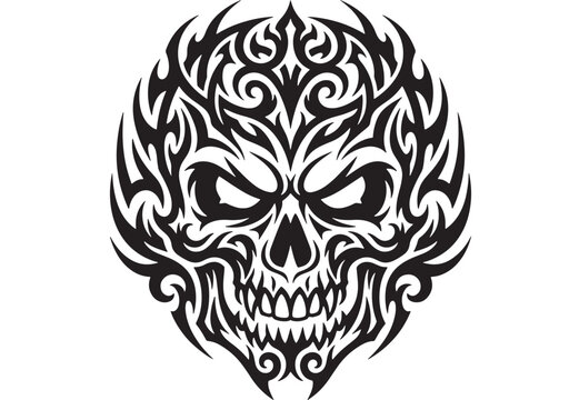 Skull tattoo design with tribal flames, angry eyes, and ornate swirls in bold black and white vector style
