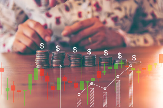 Double exposure of coins and city background for finance and banking concept