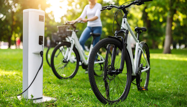 Woman charges electric bicycle at outdoor station in park with trees