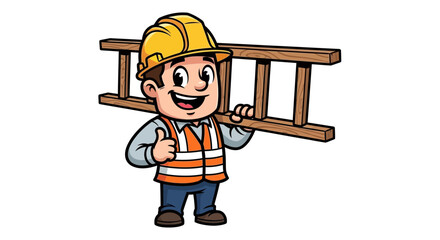 Cartoon Construction Worker Holding Ladder, Giving Thumbs Up © Surya