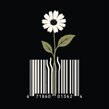 A single flower grows from a distorted barcode on a black background