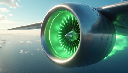 Fototapeta premium Airplane jet engine with bright green biofuel flames powers flight above ocean clouds. Advanced green energy sustainable aviation tech concept with futuristic turbine. Eco-friendly flight engine