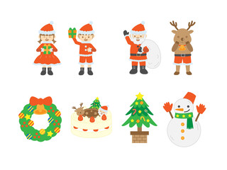 Fototapeta premium クリスマスのイラストセット・サンタとトナカイと子供たち