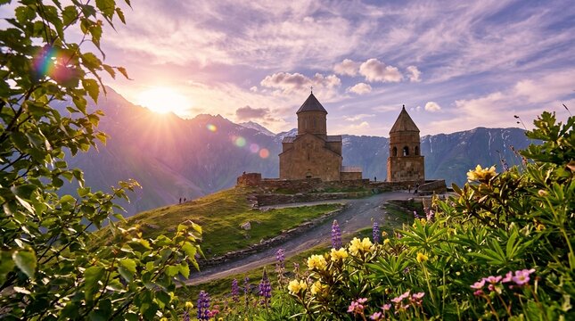 Gergeti Trinity Church illuminated by sunset with floral foreground and snowy mountains