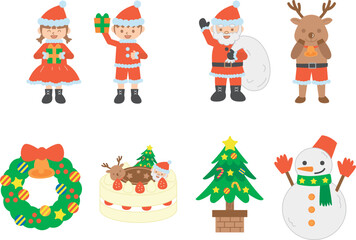 Fototapeta premium クリスマスのイラストセット・サンタとトナカイと子供たち