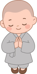 Fototapeta premium Cute Buddhist Novice Monk Holding Lotus Flower – Buddha’s Birthday Korean Temple Illustration 