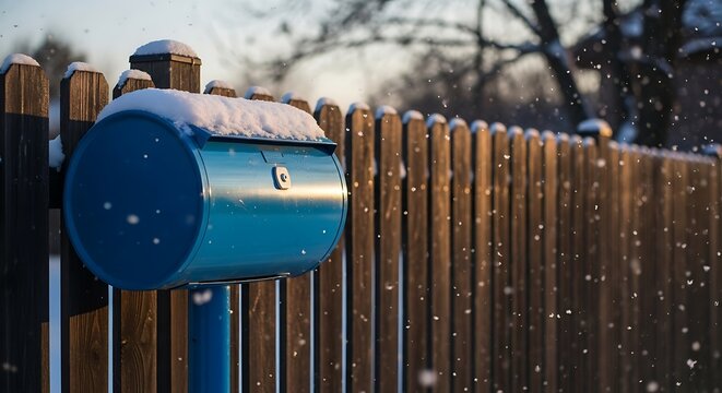 Blue Metal Mailbox Covered with Snow Beside Wooden Fence in Winter