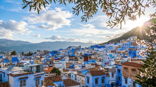 Chefchaouen's blue buildings nestled in the Rif Mountains, Morocco