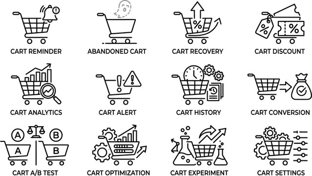 Set of e-commerce shopping cart management icons.