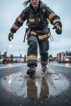 Female firefighter running through water during training drill with gear
