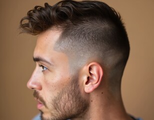Obraz premium Close view of man scalp with perfect fade haircut. Healthy hair texture and skin tone with freckles visible. Man profile shows groomed appearance.