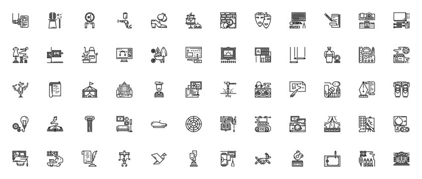 General arts icon set. Creative vector collection. Includes Print, Magic, Badge, Dance, Bakery, Graffiti, Theater, Crafts, Photography, Music, Design, Painting, Sculpture, and more.