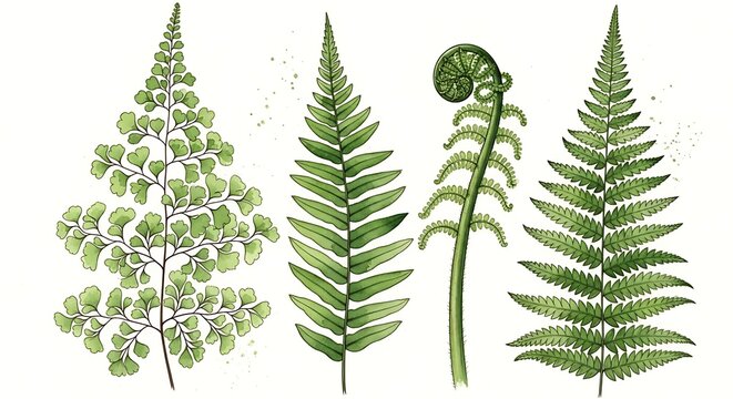 Delicate Green Fern Fronds Arranged on Clean White Botanical Background