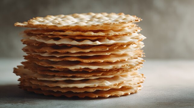 Stack of Thin Crispy Matzah Crackers on a Textured Surface.