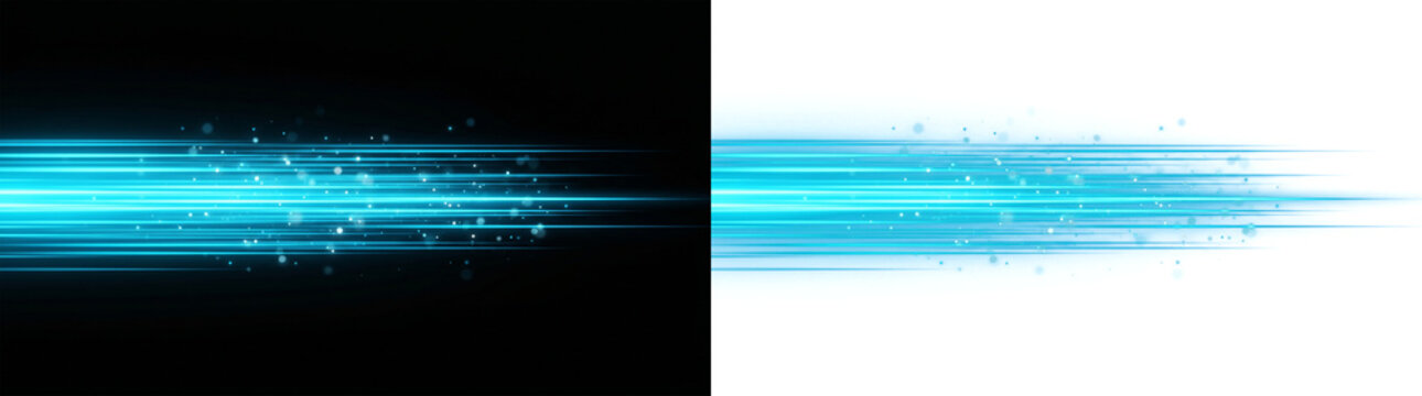 Abstract blue light speed lines with glowing particles, motion effect, dynamic horizontal rays, futuristic energy trail, vector illustration set isolated on transparent background
