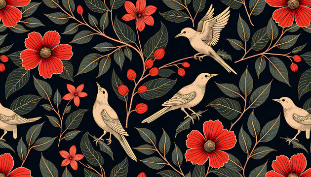 Elegant seamless floral and bird pattern with red flowers and botanical leaves on dark background, perfect for wallpaper, textile, wrapping paper, and decorative surface designs.