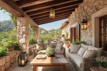 Fototapeta premium Stone patio with seating and mountain views