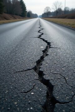 A long, deep fissure splitting an asphalt road surface, extending towards a distant horizon under a muted sky