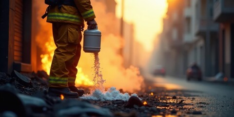 Fototapeta premium A firefighter bravely combats a fierce blaze, utilizing a specialized extinguishing agent to quell the inferno and safeguard the surrounding urban environment.