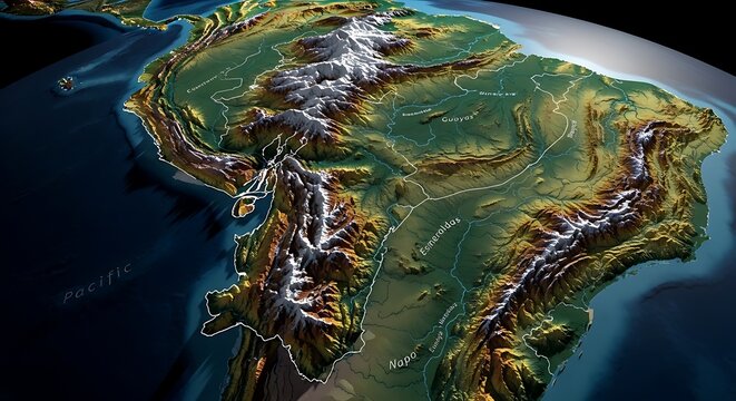 Detailed Topographic Map of South America Showing Mountains Rivers and Coastlines