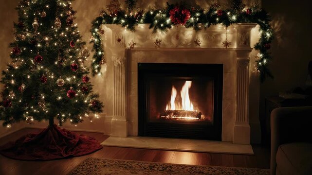 Cozy Christmas living room with burning fireplace and decorated Christmas tree with glowing lights