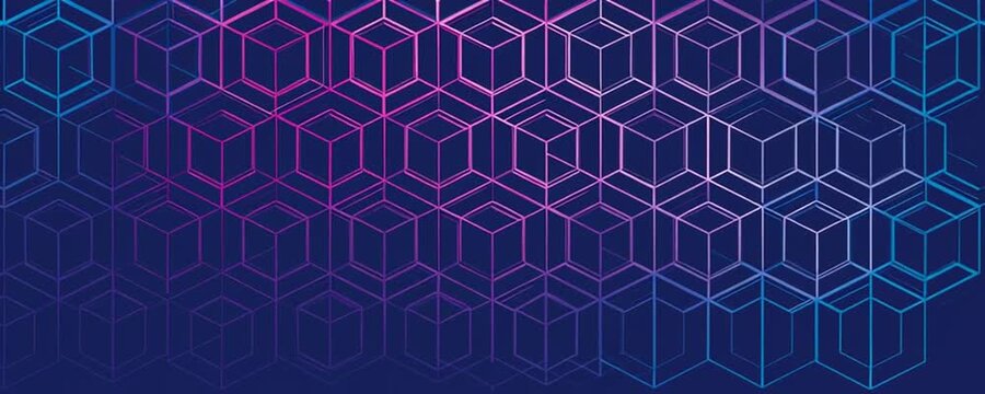 an abstract digital pattern on a deep blue background, composed of numerous outline cubes that interlock the colors of the lines forming the cubes change from blue to pink to purple Generative AI