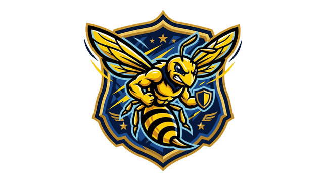 Yellow and black bee insect logo.