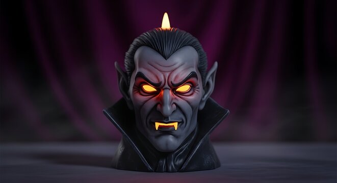 Glowing Vampire Candle Head Burning Against Dark Purple Draped Background