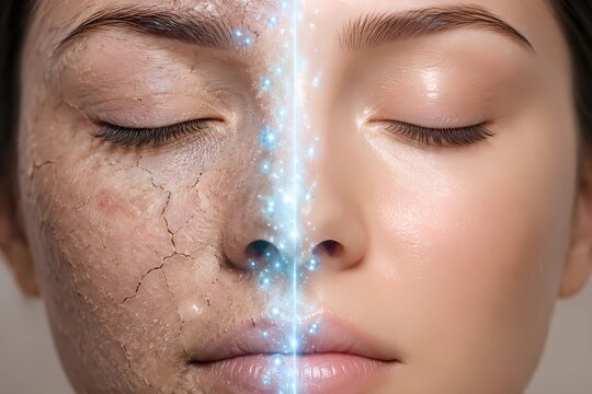 Close-up dermatological visualization of human skin barrier: dehydrated epidermis with cracking versus restored hydration after topical treatment, medical research concept