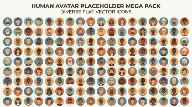 Diverse flat vector human avatar placeholder icons featuring a variety of faces in circular frames for design projects