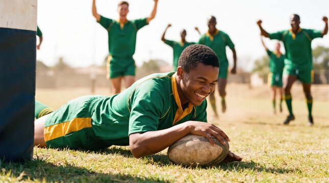 Exciting Moment of Victory: Young Rugby Player Scoring a Try During a Thrilling Match