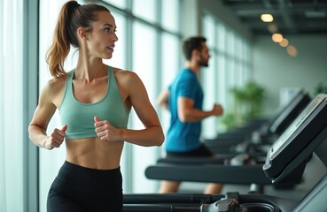 Fototapeta premium Fit woman runs on treadmill, man jogs behind her in modern gym. Couple does cardio workout together in fitness club. Active lifestyle for healthy bodies.