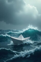 Obraz premium A fragile paper boat bravely navigates tumultuous ocean waves under a stormy sky, symbolizing resilience and the unpredictable nature of life's journey.