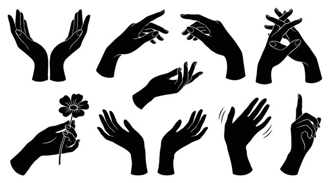 Set of black silhouette female hands showing various gestures like reaching holding pointing and waving isolated on white background