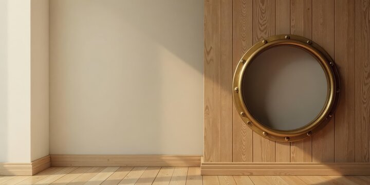 A sunlit room interior featuring a nautical-style circular mirror affixed to a light wood-paneled wall, showcasing a minimalist and serene ambiance.