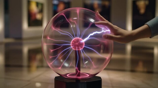 3D cinematic close-up of a woman running her hand over a large Tesla-style electrical discha